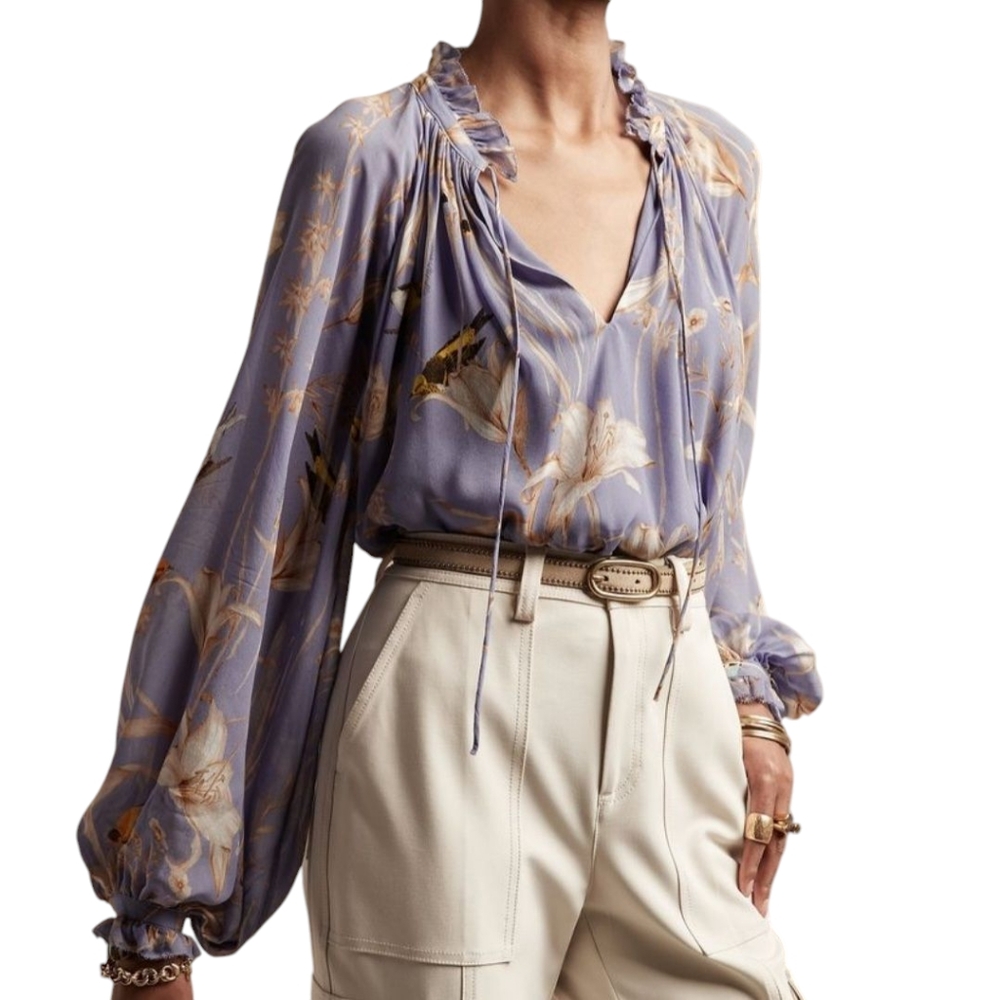 BANANA REPUBLIC Lilac Botanical Bird Sheer Crepe Balloon Sleeve Vneck Blouse S‎